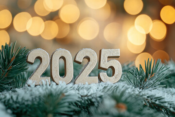 
little letters "2025" made from christmas trees spruce branches. spruce branches are soft and fluffy, covered with snow, atmospheric spruce needles are long and short, natural, over festive blurred