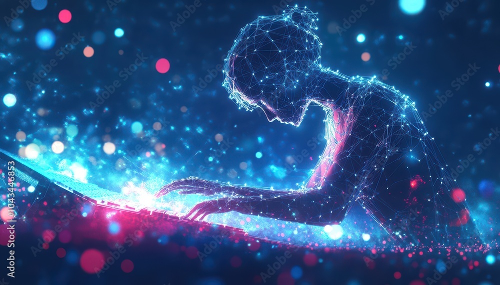 Poster Digital Human Interacting with a Laptop in a Futuristic Setting