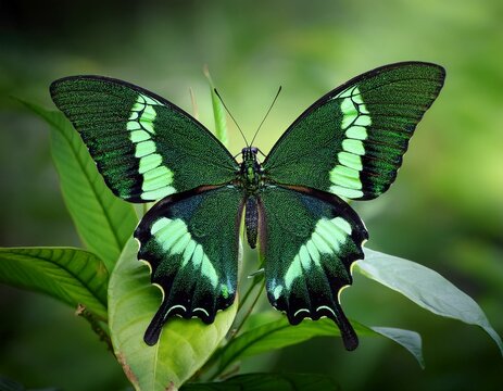 Butterfly Green swallowtail butterfly, Papilio  palinurus in a rainforest
