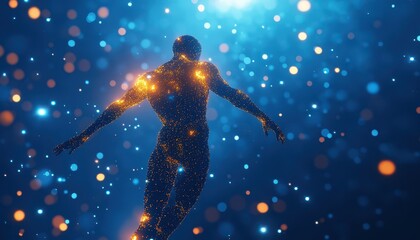 Naklejka premium A glowing human figure composed of light particles against a blue and bokeh background