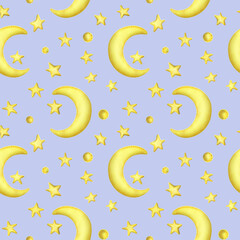 Yellow half moon with stars from fabric with thread stitches. Watercolor illustration, hand drawn. Seamless pattern on a lilac background