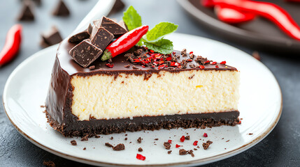 Decadent chocolate cheesecake with spicy red chili garnish a unique dessert experience