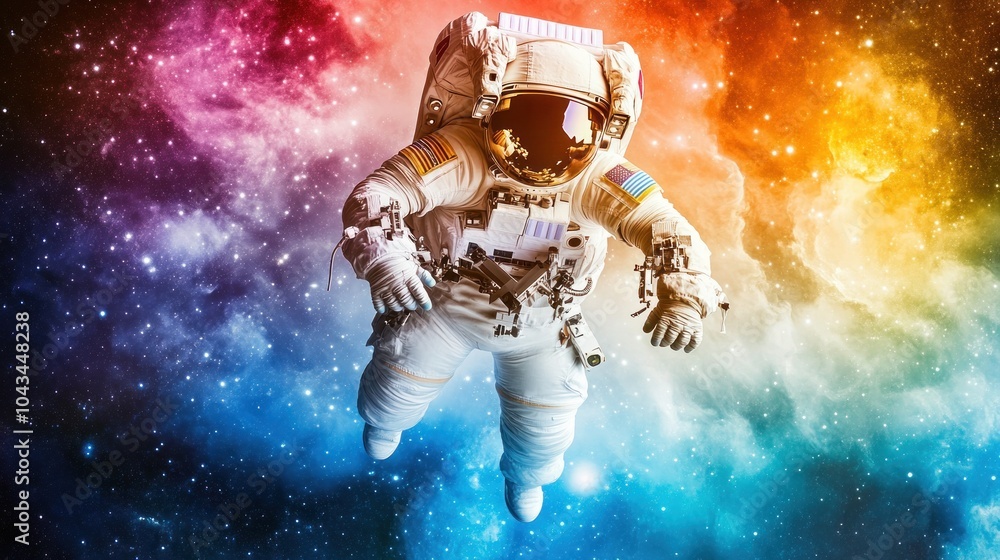 Poster an astronaut floats in space, surrounded by a colorful nebula.