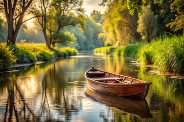 Romantic scene of vintage rowboat on meandering river