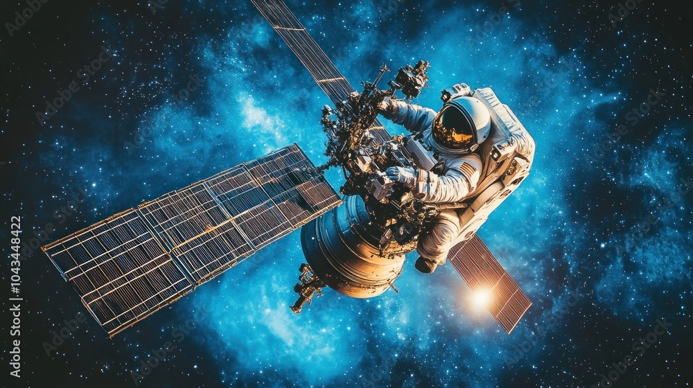 Poster an astronaut performing a spacewalk outside a space station with a nebula in the background.