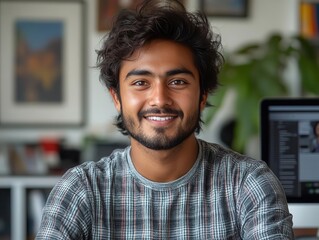 young indian man engaged in a video call in a modern office, gesturing expressively with one hand and holding a camera in the other, surrounded by a stylish workspace filled with technology and energy