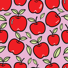 Red apples of various sizes and small and large apple leaves light purple background. Seamless pattern background.