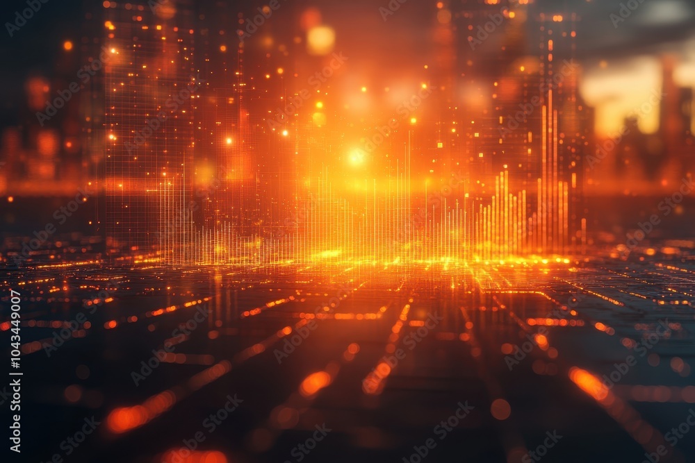 Poster abstract digital visualization of glowing data patterns in a futuristic cityscape setting