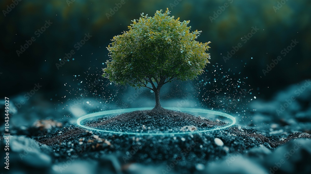 Poster tree surrounded by light arrows and symbolic circles