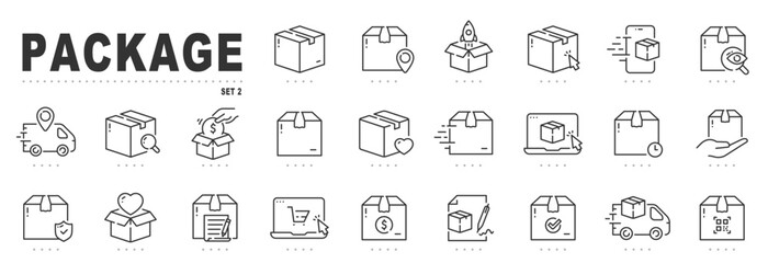 Set of package related line icons. Delivery, parcel, box, cargo etc. Editable stroke. Set 2