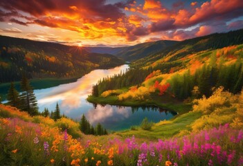 Obraz premium stunning vibrant cloud patterns over beautiful colorful landscapes showcasing splendor diversity bright hues, rainbow, lgbtq, lgbt, pride, love, equality