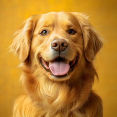 Fototapeta premium Golden Retriever, a cute face with tongue out and a happy expression, in the style of realistic, a portrait shot