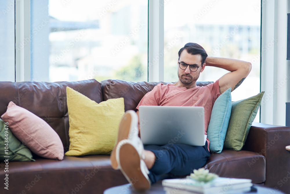 Poster Couch, laptop and remote work with thinking, idea and creative web design for company homepage. Freelancer, working and technology with content creation and ux update for search engine optimization