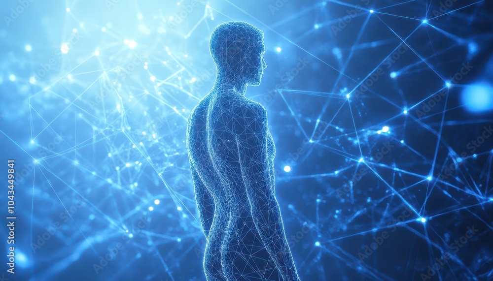 Poster wireframe human figure in a network of glowing lines