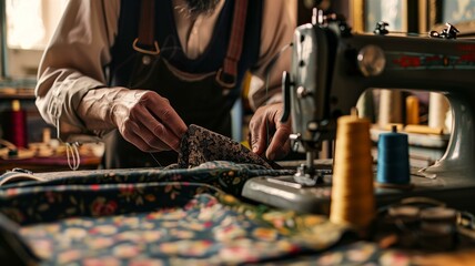 Obraz premium A skilled tailor meticulously sewing fabric in a traditional workshop