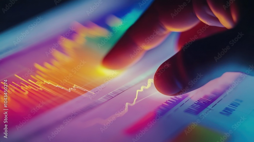 Aufkleber a hand interacts with a tablet displaying colorful graphs and charts.