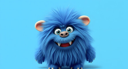 Fototapeta premium A cheerful fluffy blue monster on a bright blue background. A joyful and fluffy little weirdo. A charming yeti. A Halloween character.