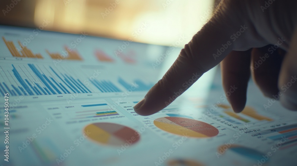 Aufkleber close-up of a finger pointing at a pie chart on a tablet screen, showing financial data and business