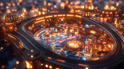 A futuristic pinball machine with glowing lights and a detailed cityscape in the background.