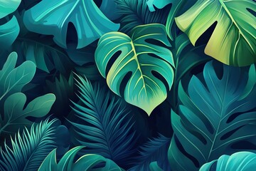Vibrant Tropical Plant Illustration with Bold Lines and Lush Greens