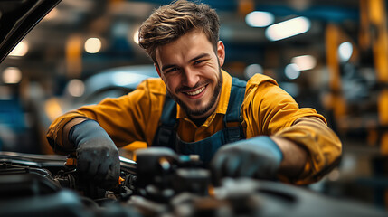 Male Auto Mechanic in Overalls Working Under Car Hood in Repair Shop