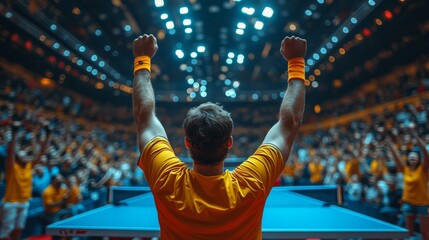 An athlete in a vibrant yellow shirt raises both arms in triumph after winning a challenging table tennis match, surrounded by cheering fans in a packed arena.