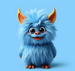 Obraz premium A cheerful fluffy blue monster on a bright blue background. A joyful and fluffy little weirdo. A charming yeti. A Halloween character.