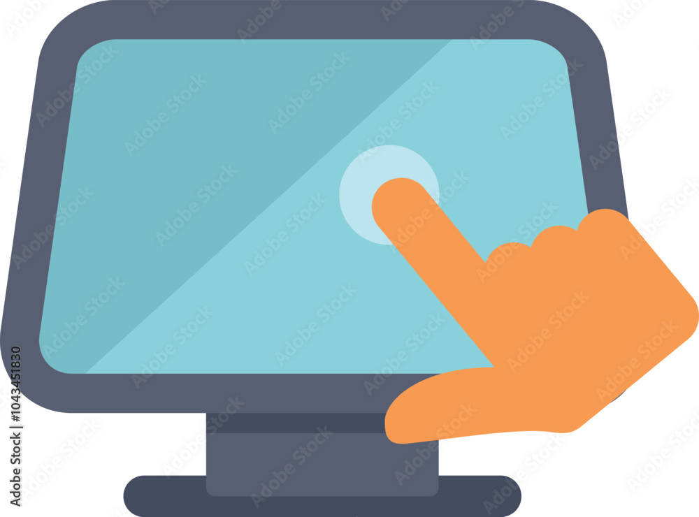 Poster hand with its index finger extended is touching a computer monitor with a blank blue screen