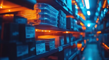 Obraz premium A close-up of a store aisle with shelves stocked with products illuminated by warm and blue lights.