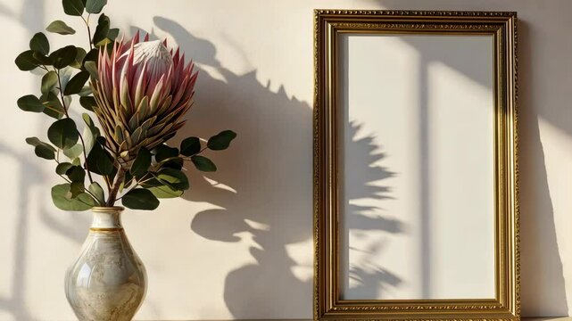 A gold vintage frame mockup is leaning against the wall with a pink king protea flower in a vase.