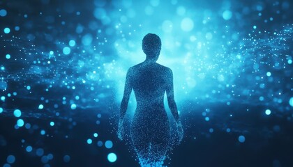 Fototapeta premium Abstract Silhouette of a Person Made of Blue Particles on a Glowing Blue Background