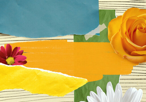 Creative collage in scrapbooking style. Pieces of torn paper, adhesive paper, cut out flowers from vintage photos. Copy space.