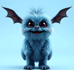 Obraz premium A cheerful fluffy blue monster on a bright blue background. A joyful and fluffy little weirdo. A charming yeti. A Halloween character.