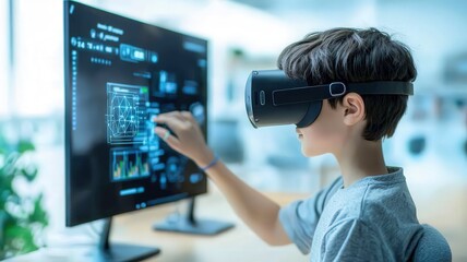 Naklejka premium A young boy engages with virtual reality technology while interacting with a digital interface displayed on a monitor.