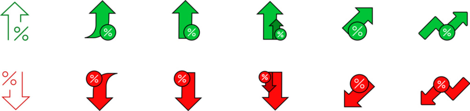 Percentage increase and decrease set of Green and red icons. Percentage red and green arrow up and down color business icons vector
