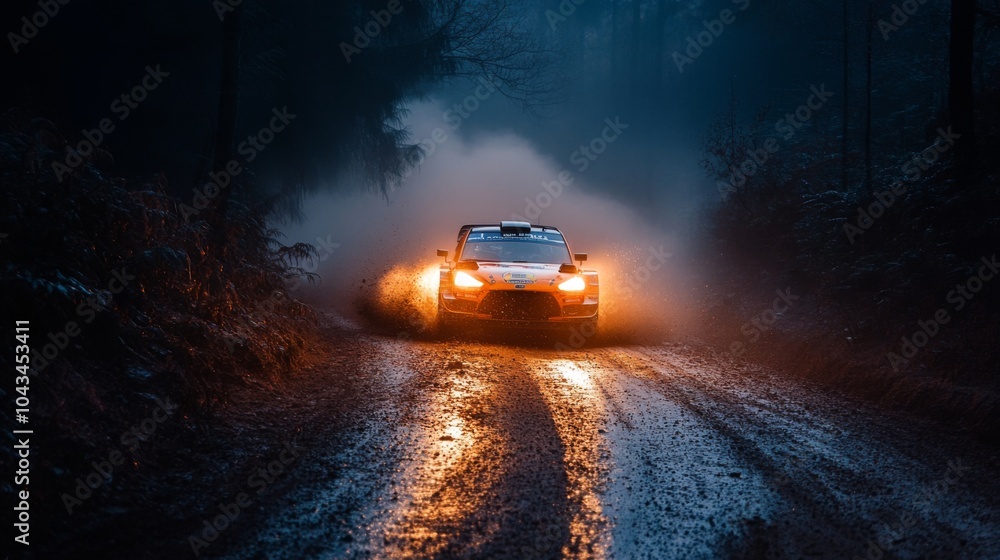 Poster a rally car maneuvers through a wet and muddy forest road at twilight, its headlights cutting throug