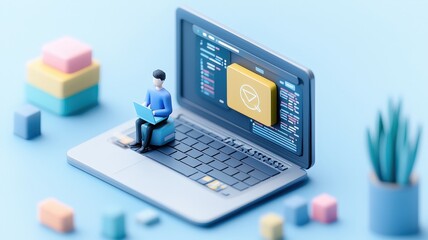 A miniature figure sits on a laptop, engaging with digital data on a vibrant blue background, surrounded by colorful blocks.