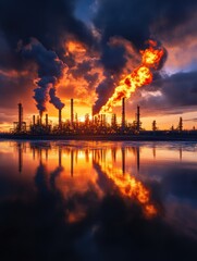 Obraz premium Silhouetted crude oil refinery at sunset, capturing the day's end with dramatic colors and industrial beauty.