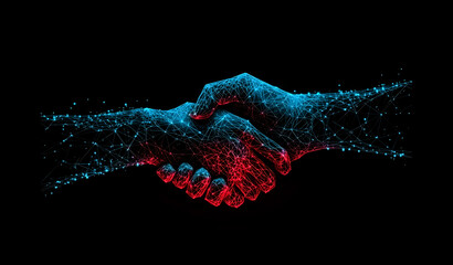 Digital handshake in low poly wire frame technology background design