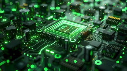 Fototapeta premium Luminous Microchip Data Analysis in Futuristic Green Neon Technology Background