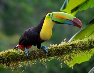 Fototapeta premium Keel-billed Toucan portrait on mossy stick against dark green background
