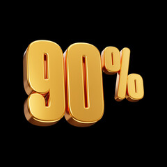 Golden 90% or ninety percent 3d render isolated on black background. 90% off sale. 3d rendering.
