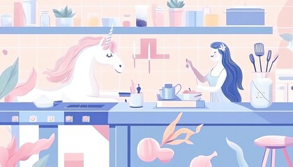 Wide-angle view of a whimsical unicorn and a graceful mermaid exchanging culinary secrets