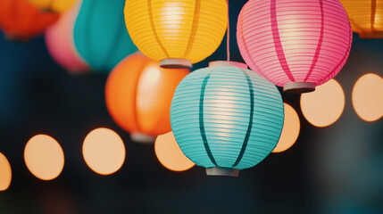 Obraz premium Vibrant lanterns illuminating a festive night a celebration of color and joy in the air