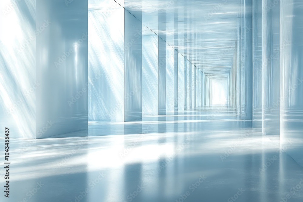 Poster a bright, reflective corridor with white columns in a modern architectural setting during the day