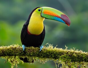 Fototapeta premium Keel-billed Toucan portrait on mossy stick against dark green background