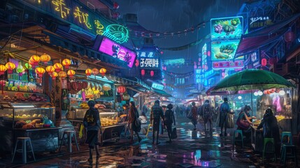 Obraz premium Cyberpunk street food vendor under neon lights