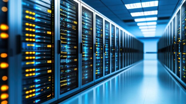 Modern data center with rows of servers, blue lighting and reflective floor.