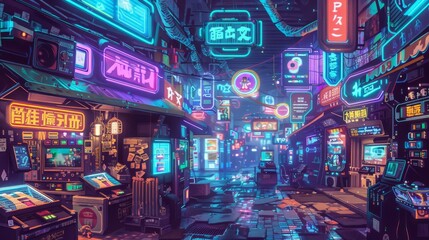 Cyberpunk street food vendor under neon lights