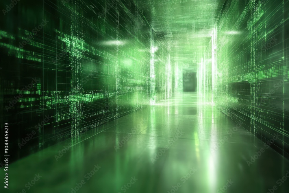 Poster a futuristic hallway illuminated by green light and digital patterns in a conceptual setting